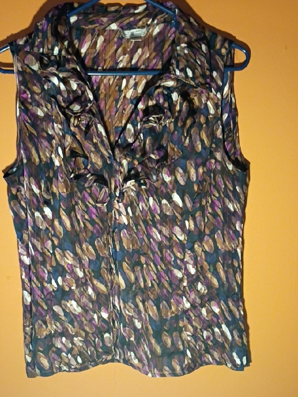 Tahari Purple and Brown Patterned Ruffle Sleeveless Blouse